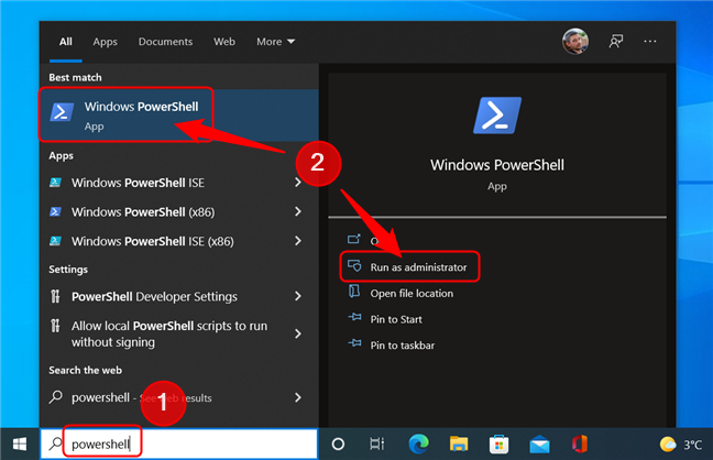 Run PowerShell using Search in Windows 10