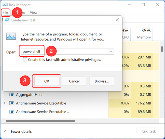 Run PowerShell using the Task Manager