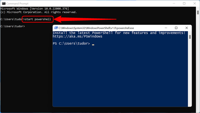 Run Windows PowerShell using the Command Prompt