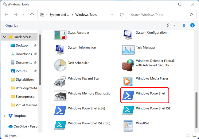 The Windows PowerShell icon is at the end of the list