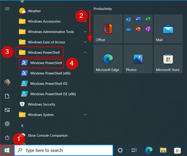 Open PowerShell using the Start Menu in Windows 10