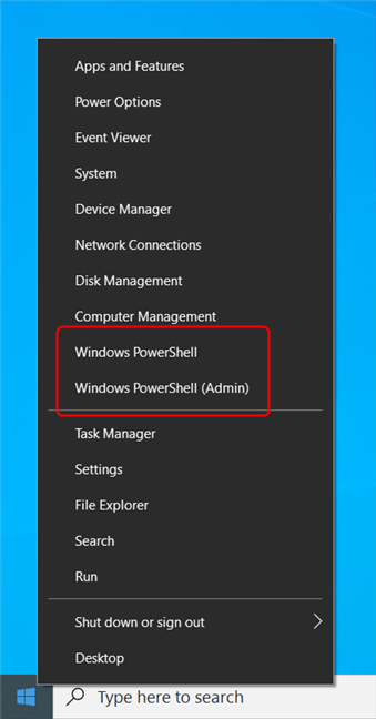 The PowerShell shortcuts in the WinX menu in Windows 10