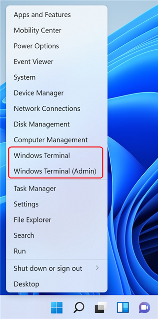 The Terminal shortcuts in the WinX menu in Windows 10