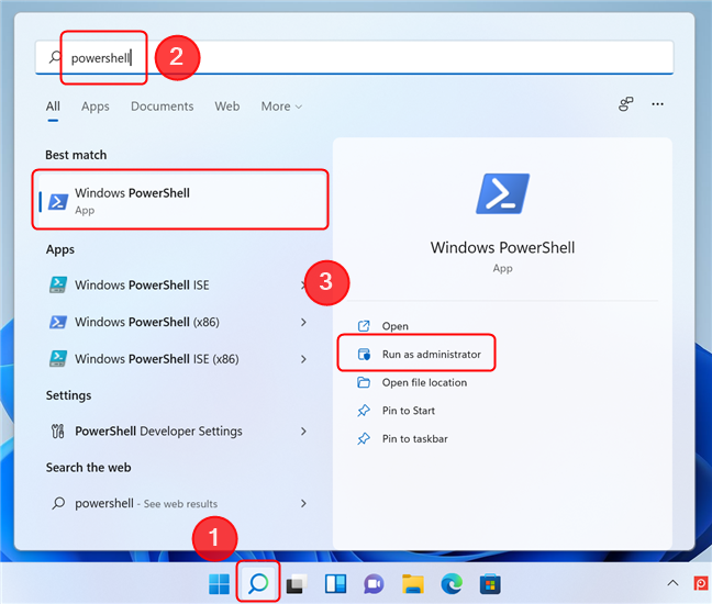 Run PowerShell using Search in Windows 11