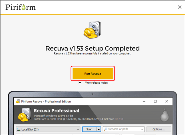 Run Recuva after installation