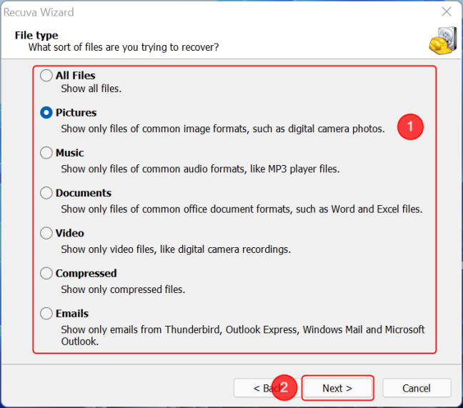 Select the file type you want to recover