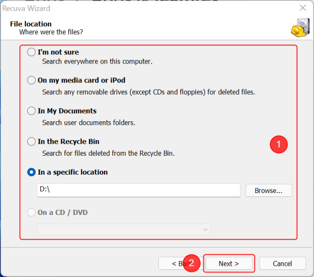 Choose the location where you want Recuva to look for the files