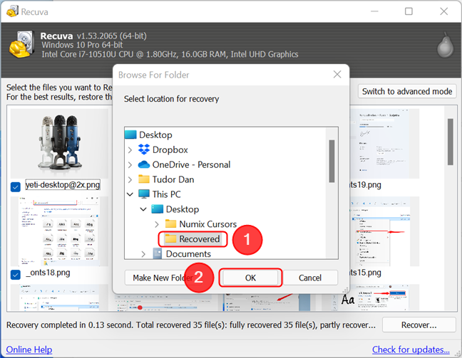 Pick a location for the recovered files