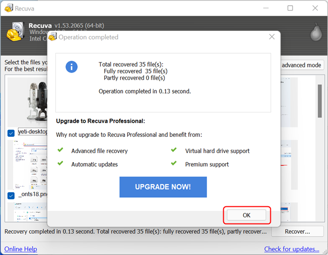 The confirmation window shows the number of recovered files
