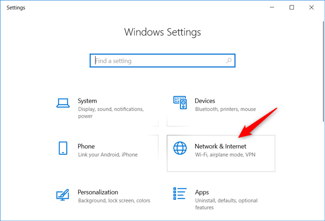 The Network & Internet category from the Windows 10 Settings