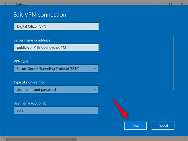 Add a VPN connection: Saving the VPN connection