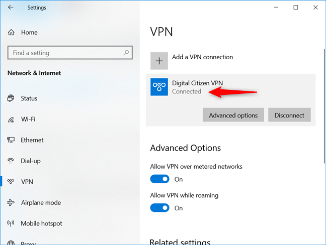Windows 10 is connected to a VPN
