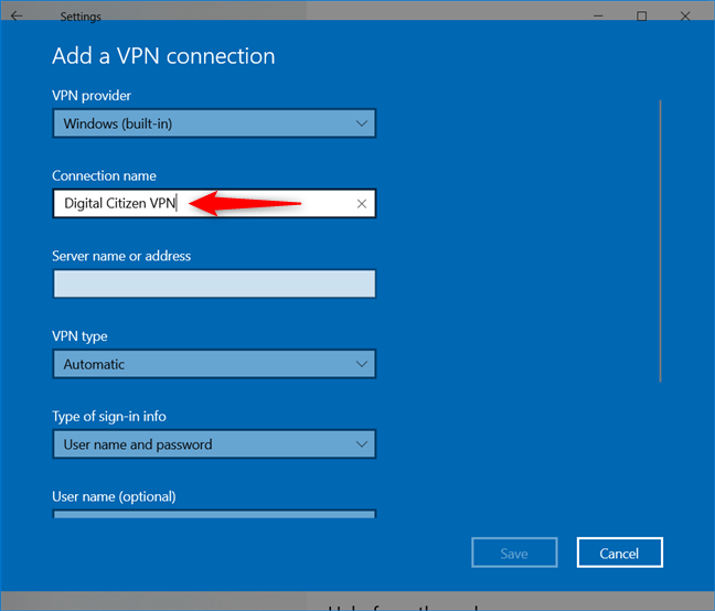 Add a VPN connection: Type a Connection name