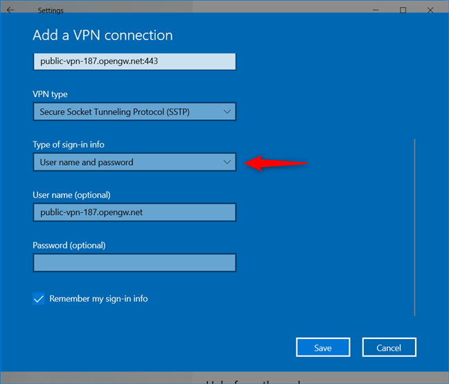 Add a VPN connection: Choosing how the VPN handles signing in