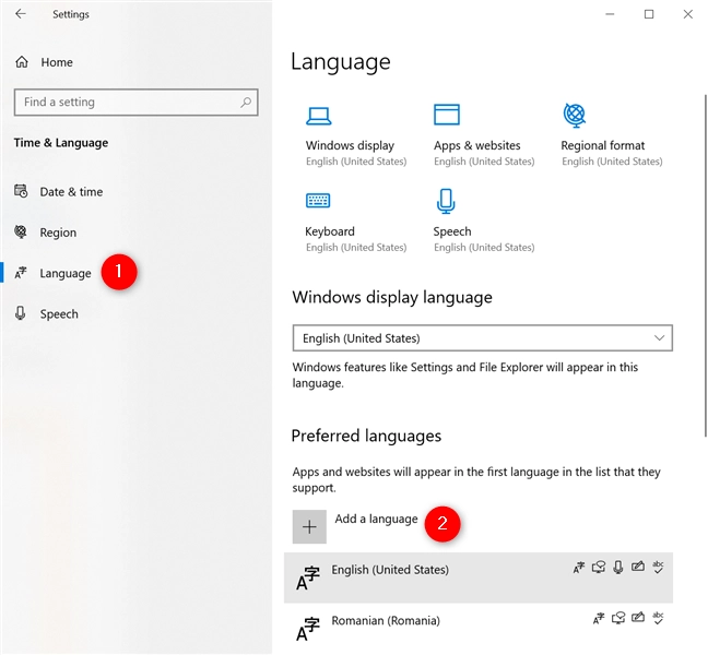 Use the Windows 10 language Settings to add a language to Windows 10