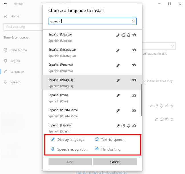 In Windows 10, change language to one that includes the features you want