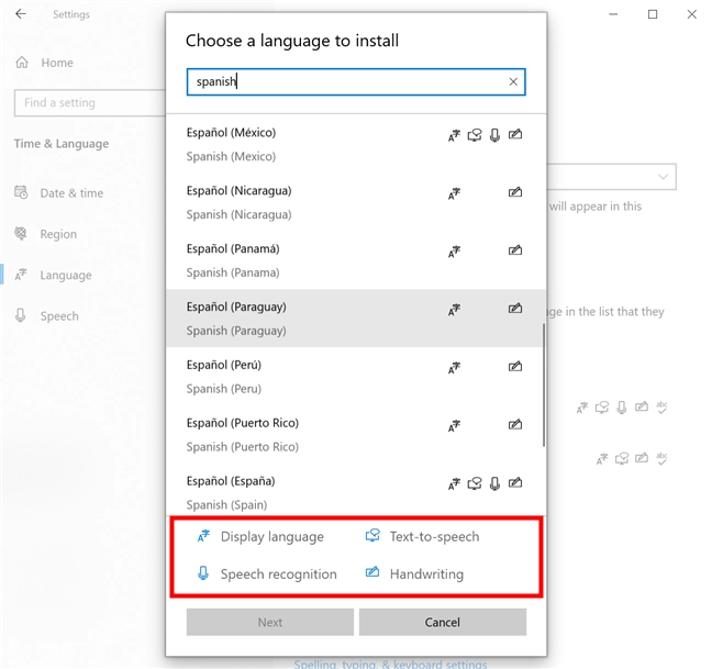 In Windows 10, change language to one that includes the features you want