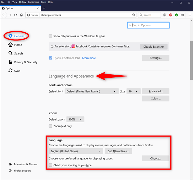 The Firefox Language settings on Windows or macOS