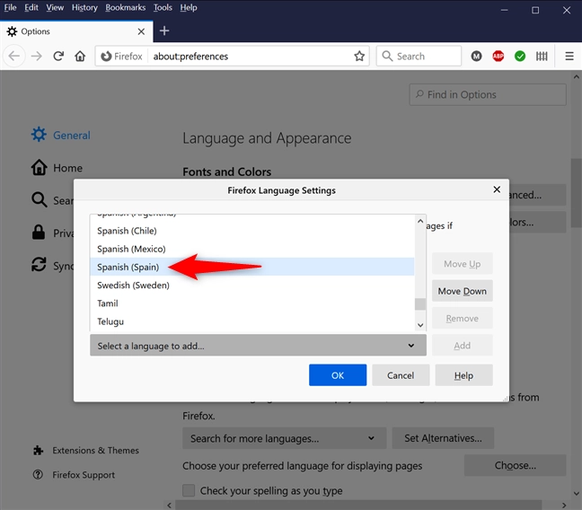 Select the language you want to use in Firefox