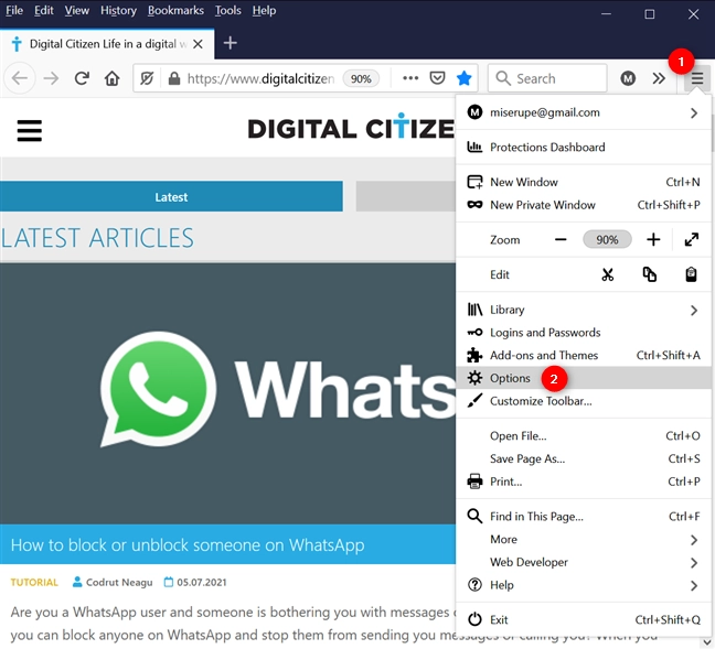 Click or tap on Options from the menu to change language in Firefox for Windows
