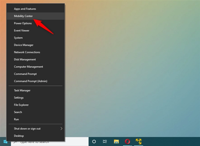 Windows Mobility Center shortcut in the WinX menu from Windows 10