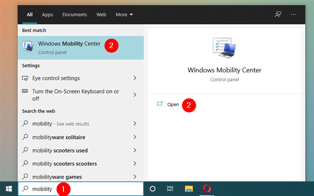 How to open Windows Mobility Center in Windows 10 using search