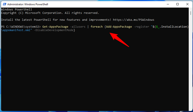 The PowerShell command for reinstalling all Windows apps