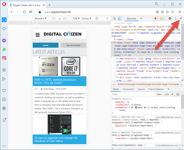 Close the mobile browser emulator in Opera