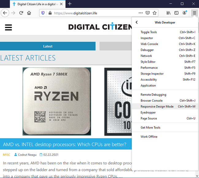 Choose the Responsive Design Mode in Firefox