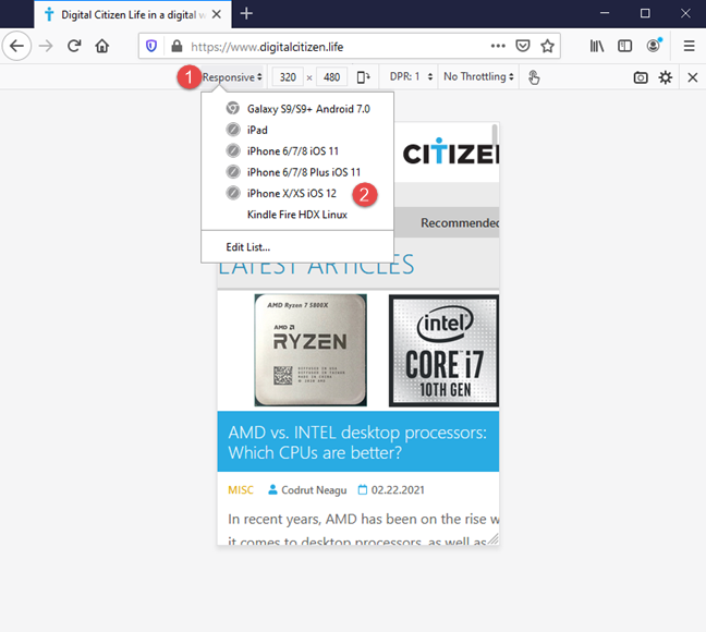 Use the mobile browser emulator in Firefox