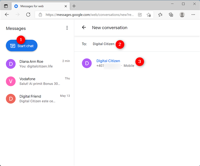 Start a chat with a new contact from your browser with Messages for web