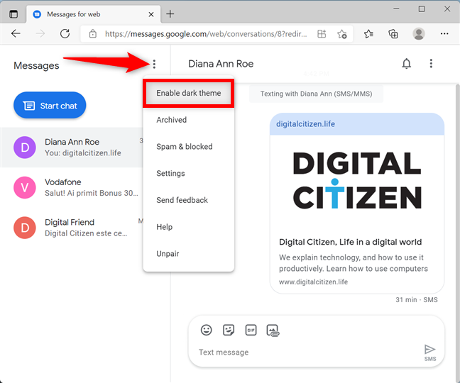 Enable dark theme in Messages for web