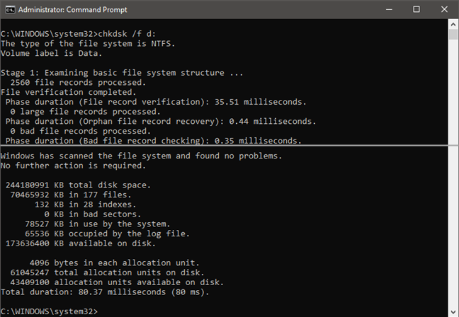 Running chkdsk /f command to verify a drive