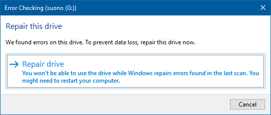 The Repair drive window in Error Checking in Windows 10