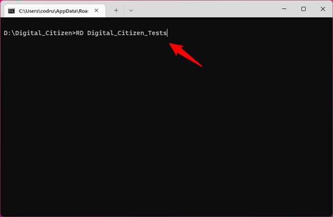 Using the RD command to delete folders in Command Prompt