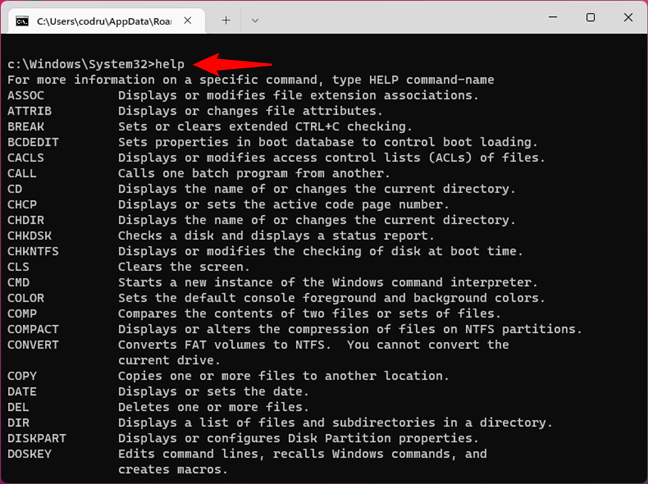 The HELP command from Command Prompt