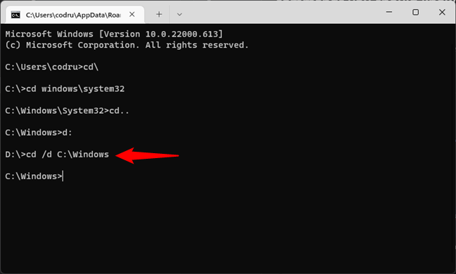 Changing the drive and directory in Command Prompt