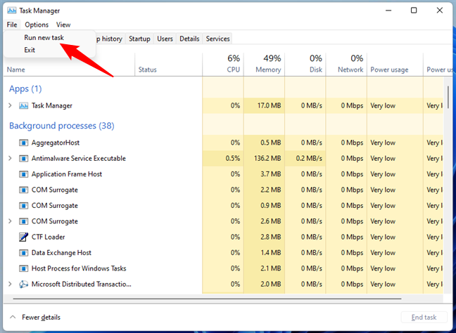 Running a new task from Task Manager