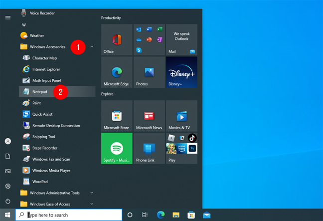 Shortcut to Notepad in Windows 10's Start Menu