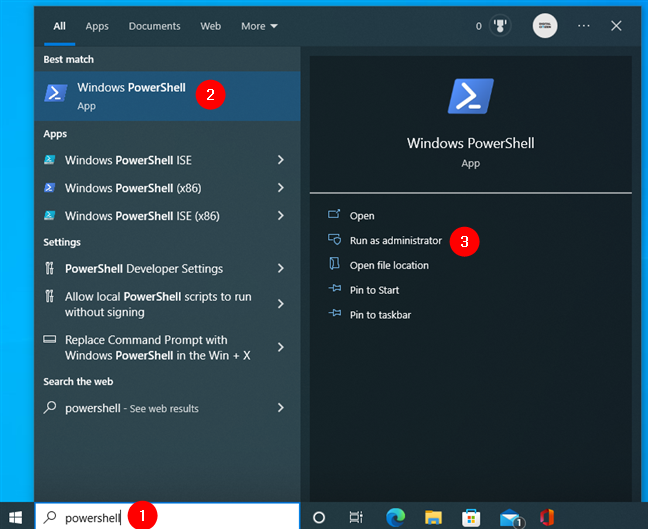 Search and start PowerShell in Windows 10