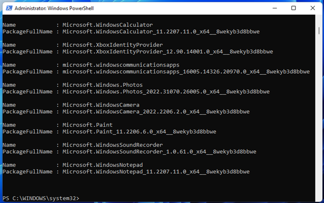 PowerShell outputs the list of Windows apps