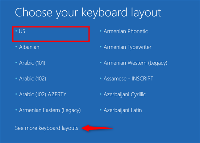 Choosing the keyboard layout for the recovery drive