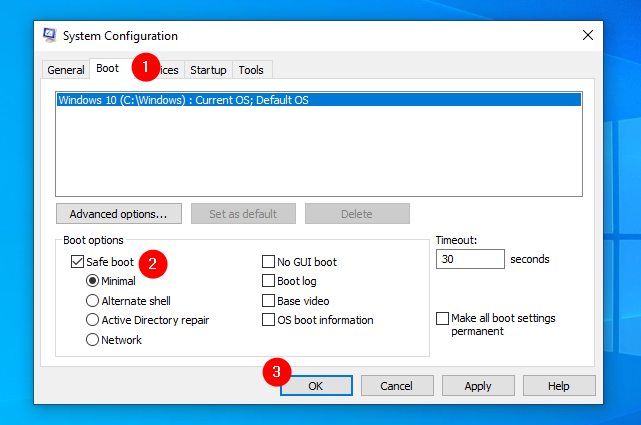 How to start Windows 10 in Safe Mode using System Configuration (msconfig)