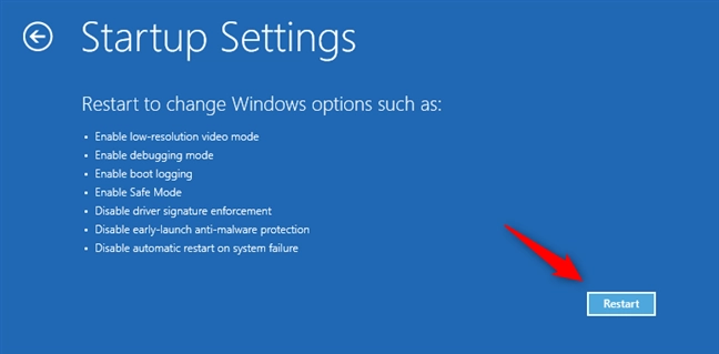 Startup Settings: Choose Restart for Windows 10 Safe Mode options