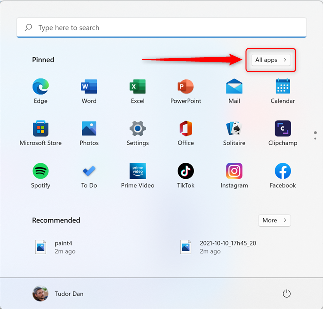 Press All apps to see the list of applications in Windows 11