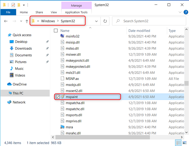 Location of the Paint executable in Windows 10