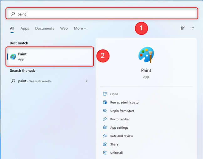 Use the search function to locate and open Paint