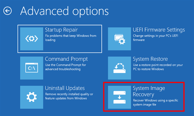 Using System Image Recovery from a Windows 10 recovery drive