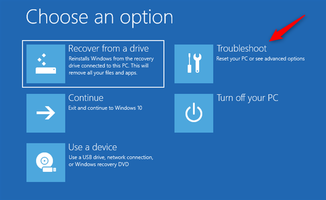 The advanced options offered by the Windows 10 recovery drive