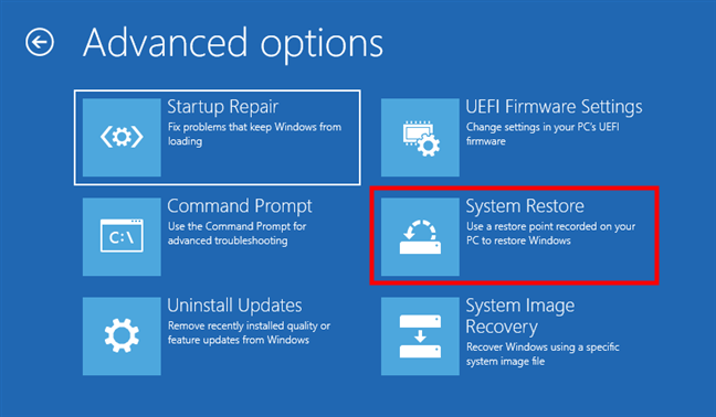 Accessing System Restore from the Windows 10 recovery drive